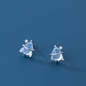 Sterling Silver Space Ship Earrings | Rose Gold Stone Dainty Rhinestone Earrings